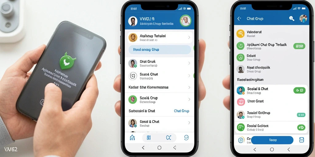 Antarmuka aplikasi VV62 dengan fitur Chat Grup yang menarik.